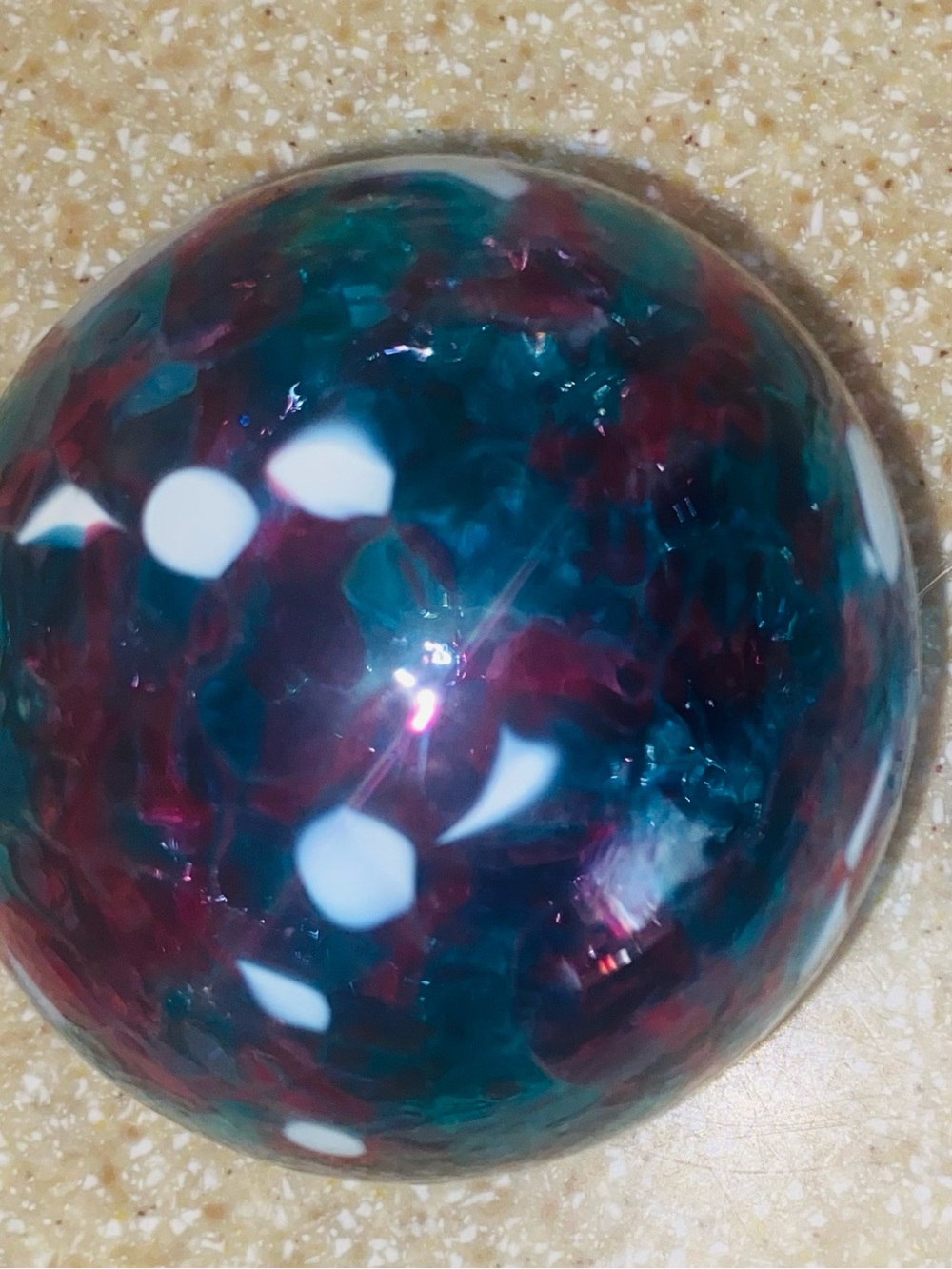 Handblown Glass Decorative Sphere in Teal and Burgundy by “Canadian Glass Blower